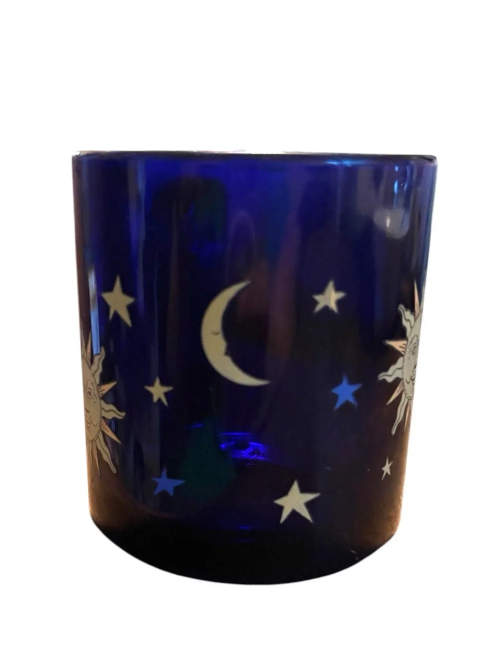 Vintage 90s Libbey Cobalt Blue Celestial Sun Moon & Stars Glass Mug USA